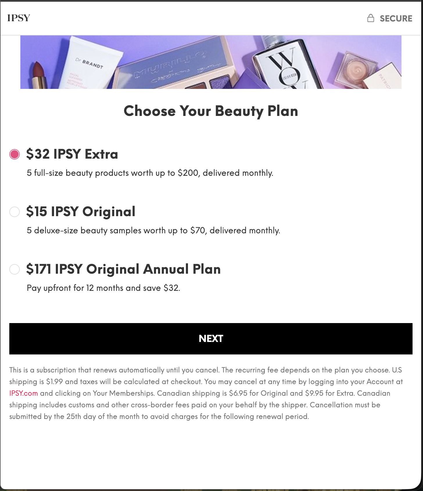Plan picker with $32 Extra pre-selected